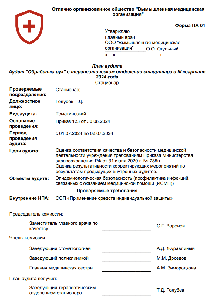 Пример отчёта из программы «МКТ-Web Внутренний контроль качества и безопасности медицинской деятельности» - отчёт План аудита
