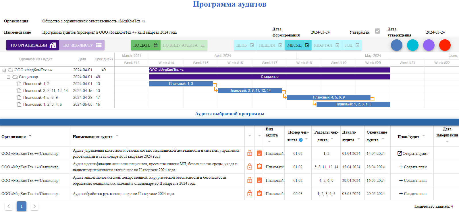 Пример интерфейса программы «МКТ-Web Внутренний контроль качества и безопасности медицинской деятельности» - раздел Программа аудитов
